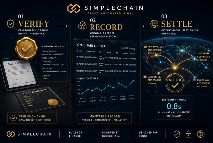 SimpleChain's promotional infographic illustrates its three-step process—Verify (cryptographic proof with timestamps like "2025-05-24 14:12:07 UTC" and Merkle Root hash), Record (immutable on-chain ledger and cash flow stream), and Settle (instant global transfers of $125,000 USD between New York and Singapore, €150,000 EUR to Dubai, in just 0.8s)—directly supporting the post's claim that SimpleChain is a Layer 1 enabling legal recognition, verifiable trust, and seamless liquidity flow for real-world assets.