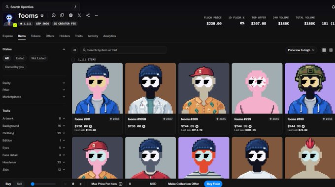 A screenshot of an NFT marketplace showing the 'foomies' collection with a floor price of $230, displaying various pixel-art character profiles priced around $230-$244.
