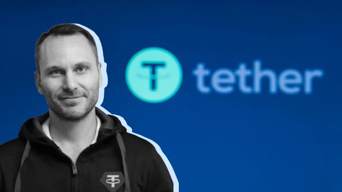 A black-and-white photo of a man in a hoodie next to the teal 'tether' logo on a blue background.