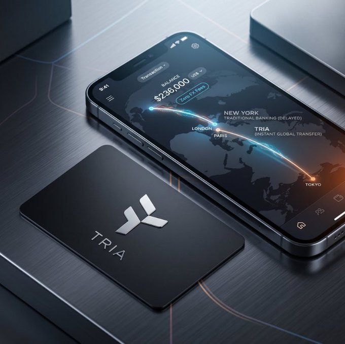 The image shows a smartphone with an app icon displayed, which appears to be related to cryptocurrency or blockchain technology. The phone's screen displays information about the app, including its name and logo. The background of the image features a black table with various objects on top of it, such as a wallet, a card reader, and a cell phone.