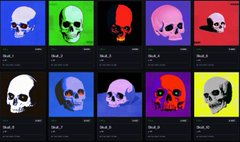 A grid of ten stylized skull images in various vibrant colors (blue, green, red, pink, white, yellow, purple) displayed on a dark background, labeled Skull 1 through Skull 10.