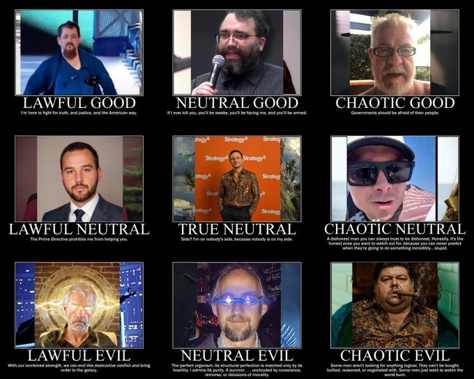 The image is a 3x3 alignment chart meme featuring nine different men, each labeled with a Dungeons & Dragons-style alignment (Lawful Good, Neutral Good, Chaotic Good, Lawful Neutral, True Neutral, Chaotic Neutral, Lawful Evil, Neutral Evil, Chaotic Evil), each accompanied by a quote reflecting their alignment's philosophy.

The post suggests inscribing this chaotic grid of philosophies onto the Bitcoin blockchain as a humorous commentary on how decentralized, immutable ledgers can preserve even the most disordered human viewpoints forever.