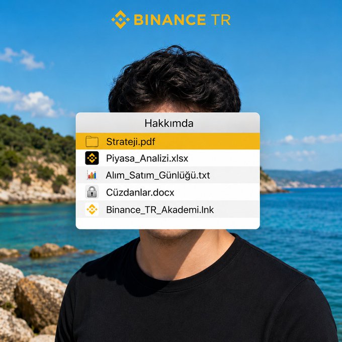 The image shows a person with their face obscured by a file folder menu labeled "Hakkımda" (About Me), displaying files like "Strateji.pdf," "Piyasa_Analizi.xlsx," "Alım_Satım_Günlüğü.txt," "Cüzdanlar.docx," and "Binance_TR_Akademi.lnk," with the Binance TR logo at the top. Set against a coastal backdrop, it cleverly illustrates the prompt "What's in your folder?" by revealing a trader's mind is filled with crypto strategies, market analyses, trading journals, wallets, and Binance TR Academy.