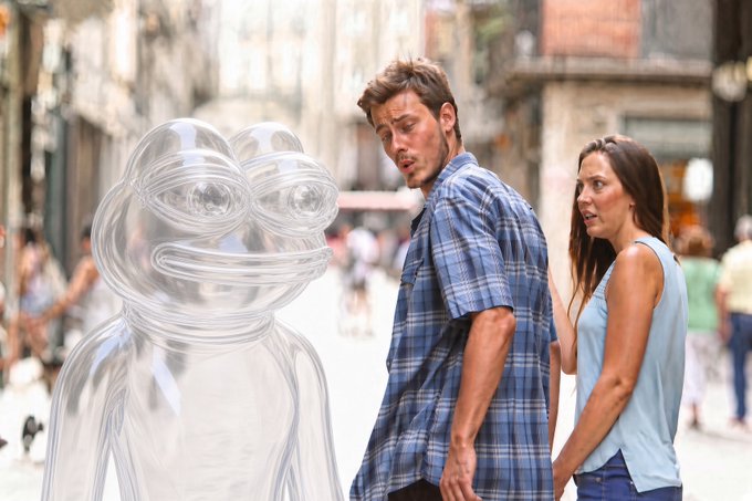 A man and woman in casual summer attire walk down a city street, both turning to stare with surprised expressions at a giant transparent inflatable frog towering beside them. The image humorously illustrates the post's theme of something being "very hard to ignore," with the towering amphibian mirroring the bold, attention-grabbing nature of the token being promoted.