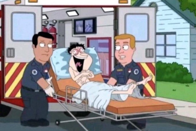 Two paramedics wheel a patient on a stretcher from an ambulance, with the disheveled patient appearing injured as the medics look concerned. The image humorously evokes the chaotic "airdrop" frenzy described in the accompanying text, depicting someone being carried away amid a flood of crypto airdrops.