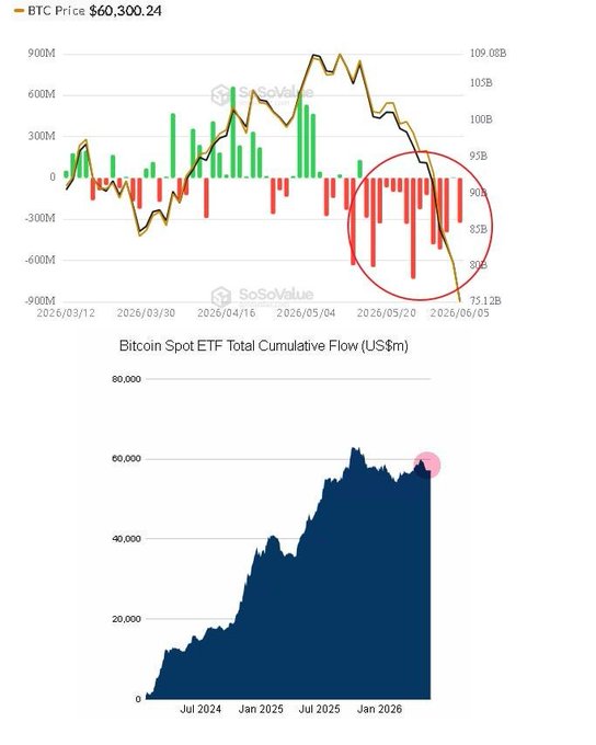 The image depicts a bar graph comparing two months, January and June, with Bitcoin prices at different points during each month. The graph shows that Bitcoin prices were lowest in January and rose sharply in both December and June, with June having more significant gains in Bitcoin values compared to January. The title of the graph is "The first week of June saw the largest outflows from spot #Bitcoin ETFs". This information may be relevant to understanding the trends surrounding Bitcoin and its market performance throughout the months.