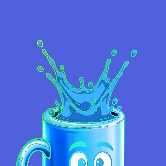 A cartoon illustration of a blue mug character with eyes and a smiling face, with a large splash of blue liquid bursting upward against a blue background.