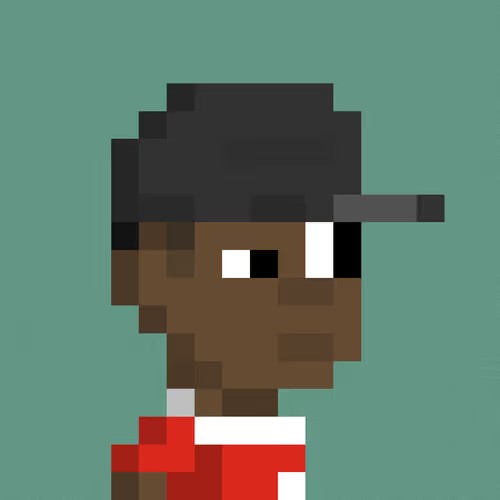A pixel art portrait of a person with dark skin wearing a black cap and red shirt, set against a solid teal background.