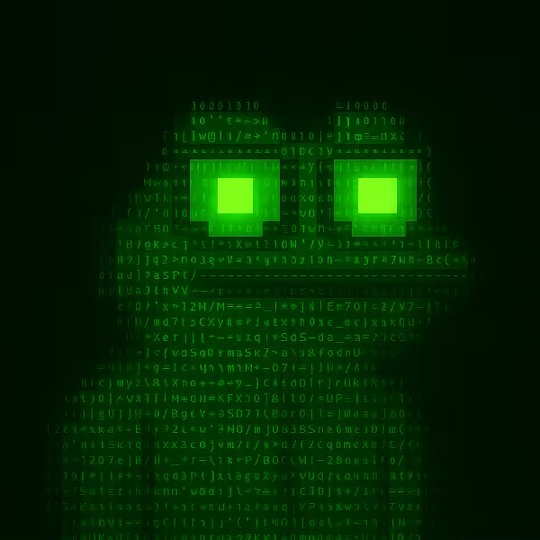 A green digital face with glowing square eyes is formed from streams of binary code and text characters against a black background, evoking a Matrix-style aesthetic.