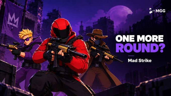 Three armed characters—a spiky-haired figure, a red-hooded gunman, and a cowboy—pose against a dark purple cityscape, with the text "ONE MORE ROUND? Mad Strike" and the MGG logo promoting the tactical shooter game on the MGG Arena platform.