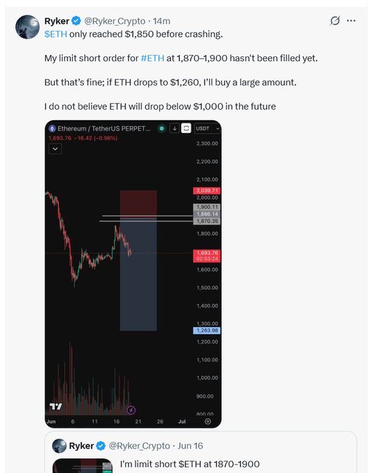 In the image, there are two individuals engaged in a discussion about an interesting trading opportunity involving Bitcoin cryptocurrency. One person, who we can identify as Ryker, is sharing some information about an upcoming price surge for Etherium (ETH) using their Twitter account. They have tweeted that their limit order for ETH will reach $1k2-$1k3 within the next six hours before it peaks at $1k2-$1k3 again on April 4th. The other person in the conversation seems to be interested in investing in this cryptocurrency, as they suggest dropping below a certain amount of money to be invested in Etherium, which is $1000. This information can help both individuals make informed decisions about their trading strategies and possibly maximize profits from the market.