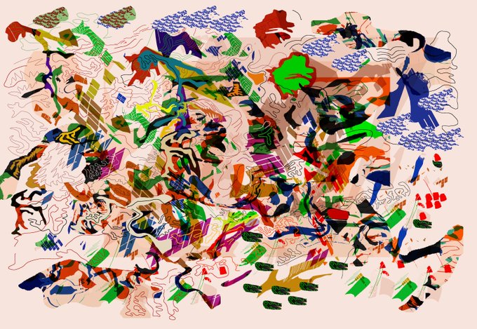 A chaotic, colorful abstract digital artwork consists of overlapping shapes, lines, and patterns in various bright colors scattered across a light background.