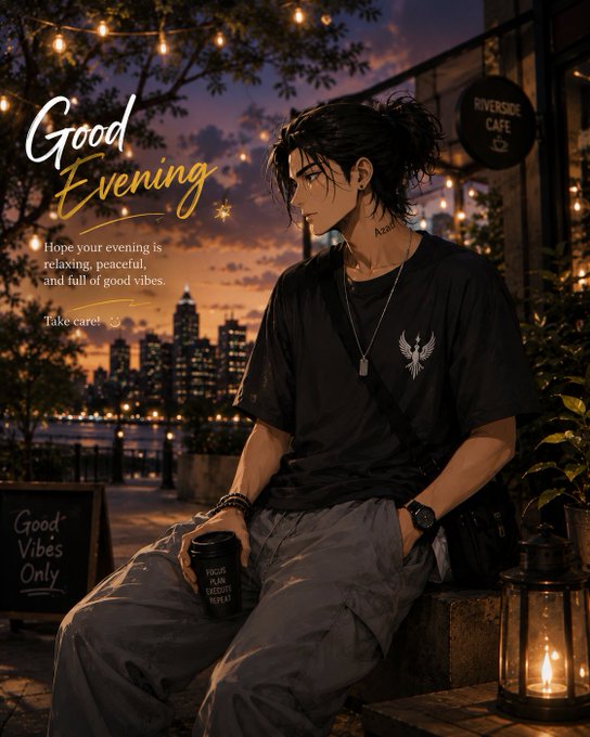 Anime-style 'Good Evening' illustration of a young man with dark hair sitting at a Riverside Cafe with a coffee cup, featuring text about a relaxing evening with good vibes.