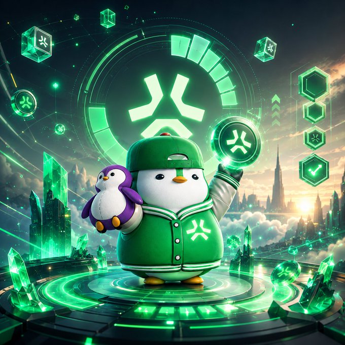 A vibrant digital illustration of a cute cartoon penguin mascot wearing a green baseball cap and jacket, holding a purple penguin plushie, standing on a glowing green tech-themed platform with hexagonal icons and a futuristic cityscape in the background.
