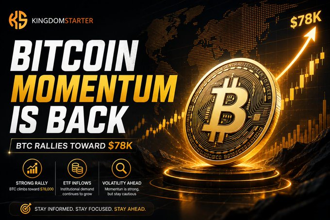 A Bitcoin promotional graphic by 'KingdomStarter' with the headline 'BITCOIN MOMENTUM IS BACK' and 'BTC RALLIES TOWARD $78K', featuring a gold Bitcoin coin and highlighting strong rally, ETF inflows, and volatility ahead.