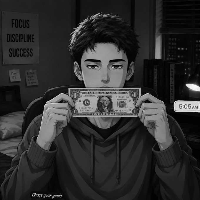A monochromatic illustration shows a young man holding a one-dollar bill in front of his face in a dimly lit room with a 'FOCUS DISCIPLINE SUCCESS' poster, a '5:05 AM' time stamp, and the phrase 'Chase your goals.'