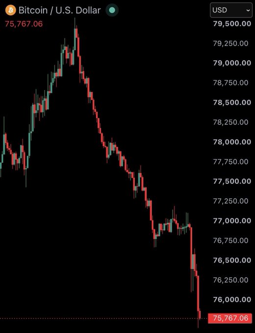 A candlestick chart showing Bitcoin / U.S. Dollar (BTC/USD) price declining from around $79,500 to $75,767.06.