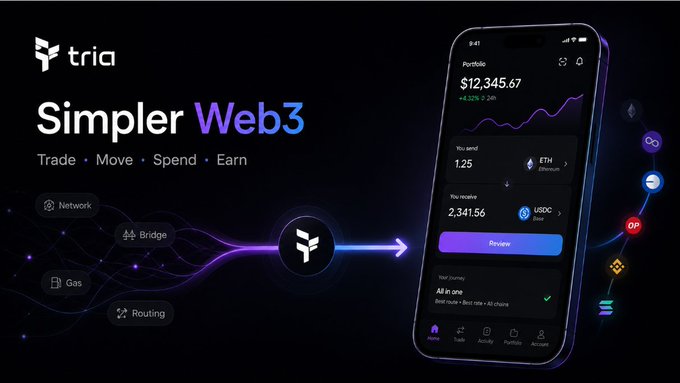 iphone screen displays "Tria Simpler Web3" and a graph, with text indicating the app's features and benefits.