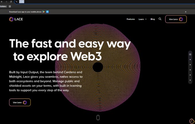 A screenshot of the Lace website homepage promoting 'The fast and easy way to explore Web3,' built by Input Output, with navigation for Features, Learn, and Blog