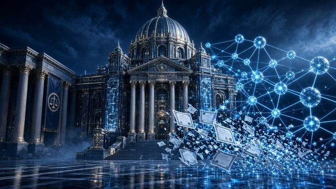 A majestic courthouse with a scale of justice emblem stands alongside a futuristic glowing network of connected nodes and floating digital certificates, visually symbolizing the SEC's new regulatory pathway that bridges traditional law with blockchain-based trading of tokenized stocks.