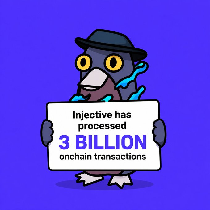 A cartoon penguin character wearing a black hat holds a white sign that reads 'Injective has processed 3 BILLION onchain transactions' against a purple background.