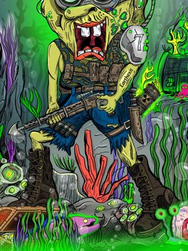A watercolor-style painting of a green goblin or orc-like character wearing goggles, holding a weapon, and sitting among underwater plants and bubbles.