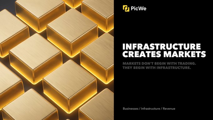 The image showcases a striking arrangement of golden cubes set against a black background, symbolizing the foundational "infrastructure" layer of the market. Bold white text reads "INFRASTRUCTURE CREATES MARKETS" alongside the tagline "MARKETS DON'T BEGIN with TRADING. THEY BEGIN WITH INFRASTRUCTURE." The PicWe logo appears in the upper right corner, with the categories "Businesses / Infrastructure / Revenue" noted at the bottom, reinforcing the post's message about PicWe building the essential infrastructure powering the next generation of real-world assets (RWA).