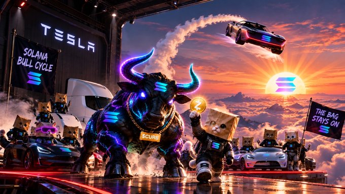 A Solana-themed scene features a glowing neon bull, a Tesla-themed figure, and bag-headed mascots holding a flag reading "SCURB" and a sign stating "THE BAG STAYS ON" alongside "SOLANA BULL CYCLE," all celebrating the $SOL, $CURB, and $ZCAT tokens. A Tesla car soars above the clouds under a Solana logo sunset, tying the bullish crypto sentiment to the post's morning shoutout.