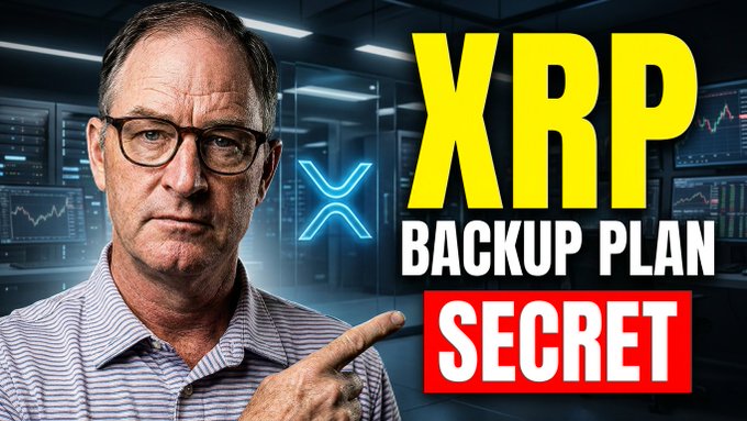A man wearing glasses points toward bold yellow and red text reading "XRP BACKUP PLAN SECRET," alongside the glowing XRP logo, set against a backdrop of trading screens with charts. The image aligns with the post's theme of outlining a strategic backup plan for XRP amid speculation around the Clarity Act and a potential "great rotation" in crypto markets.