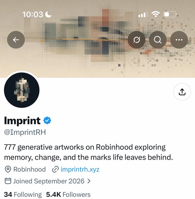 A screenshot of the X (formerly Twitter) profile for @ImprintRH, showing 5.4K followers, a verified blue checkmark, and the account's banner featuring abstract generative art. The bio matches the post's description: "777 generative artworks on Robinhood exploring memory, change, and the marks life leaves behind," with links to imprintrh.xyz and a "Joined September 2026" date, aligning with the caption's details about the upcoming 777 generative art collection launch.
