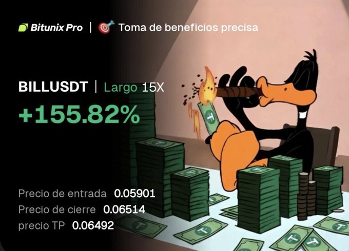 A trading success graphic from Bitunix Pro showcases a profitable long position on the BILLUSDT pair with 15x leverage, achieving a +155.82% gain, displaying an entry price of 0.05901 and closing price of 0.06514. The image features Daffy Duck from Looney Tunes lighting a cigar with a burning dollar bill while sitting among stacks of cash, visually reinforcing the post's celebration of a precision entry that delivered over 100% returns.