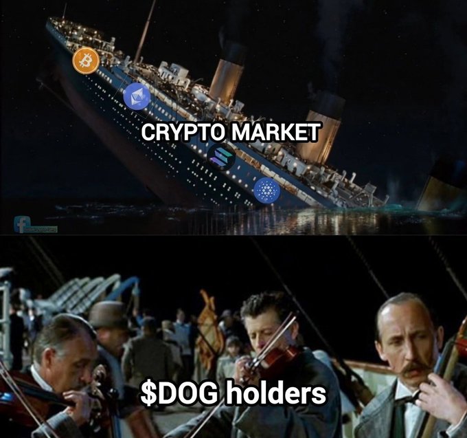 This meme juxtaposes a sinking ship in calm waters with business people casually playing violin, symbolizing a stark divide in the financial strategies of crypto investors, with the caption highlighting a group titled '$DOG holders', presumably people who are unfazed by the current state of the crypto market. The accompanying message promotes a mindset of resilience and profitability, suggesting that those with the $DOG mindset believe in the potential to recover and profit, regardless of the market's downward spiral, specifically targeting those with a forward-looking investment outlook.