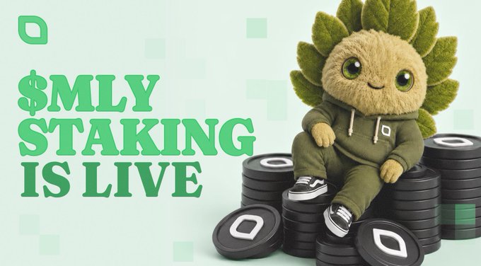 A cute green hedgehog-like mascot in a hoodie sits atop stacks of coins, promoting the announcement that "$MLY STAKING IS LIVE." The image visually reinforces the post's message about the new staking feature launch by the dedicated team building DeFi infrastructure on the Robinhood Chain.