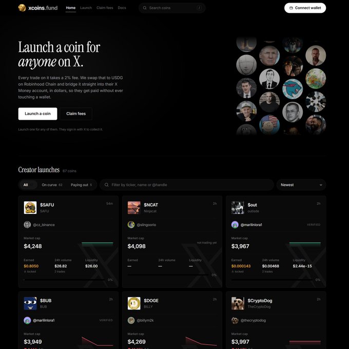 The image shows the xcoins.fund homepage, a platform for launching meme coins on X, displaying creator launches including $SAFU ($4,248), $NCAT ($4,098), $sout ($3,967), $SUB ($3,949), $OOGE ($4,269), and $CryptoDog ($3,997). The accompanying post about fixing bugged mcaps and loading issues directly relates to this dashboard view, which prominently displays market cap metrics that the update aims to correct.