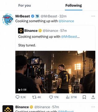 An Instagram 'Following' feed screenshot shows MrBeast (@MrBeast) posting 'Cooking something up with @binance' alongside a retweet of Binance's (@binance) announcement of a collaboration, with the video showing film production equipment.