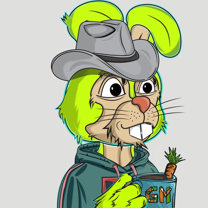 A cheerful cartoon rabbit wearing a cowboy hat and hoodie holds a mug labeled "GM" with a carrot, matching the post's "Hoppy Monday" greeting as it opens a thread discussing Bitcoin's soft consolidation in the mid-$77k range.