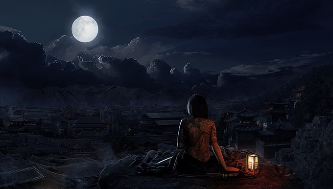 A digital illustration shows a woman with a glowing back tattoo sitting on a cliff at night, gazing at a full moon over an ancient village, with a lantern beside her.