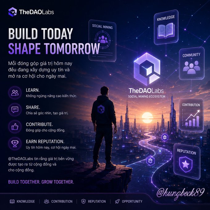 A promotional graphic for "TheDAOLabs Social Mining Ecosystem" with the tagline "BUILD TODAY SHAPE TOMORROW," showing a silhouetted figure overlooking a futuristic cityscape with icons for Knowledge, Community, Contribution, and Reputation, signed by @hungbck89.