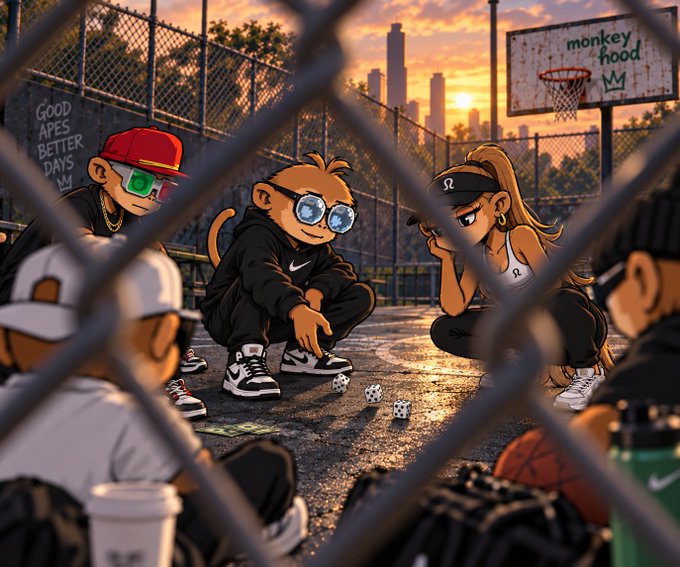 A cartoon-style scene of anthropomorphic monkeys playing dice on a basketball court at sunset, with a sign reading 'monkey hood' and graffiti saying 'GOOD APES BETTER DAYS'.