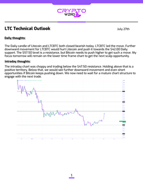 An 'LTC Technical Outlook' report from CRYPTOWZRD dated July 27th, analyzing the Litecoin and LTCBTC charts, noting a bearish downward movement for LTC/BTC led the move, with a price chart visible at the bottom.