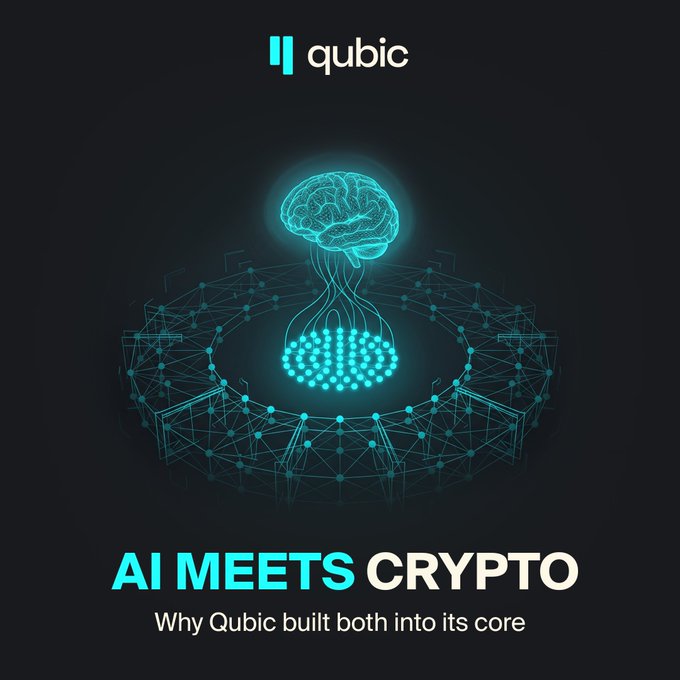 A dark promotional graphic featuring the Qubic logo at the top, with a glowing cyan brain connected to a dotted base, surrounded by a network of interconnected nodes—visually representing the convergence of AI and crypto. The text reads "AI MEETS CRYPTO — Why Qubic built both into its core," reinforcing the post's message about the two industries increasingly merging, while distinguishing Qubic's approach of integrating both at the foundation rather than as an add-on.