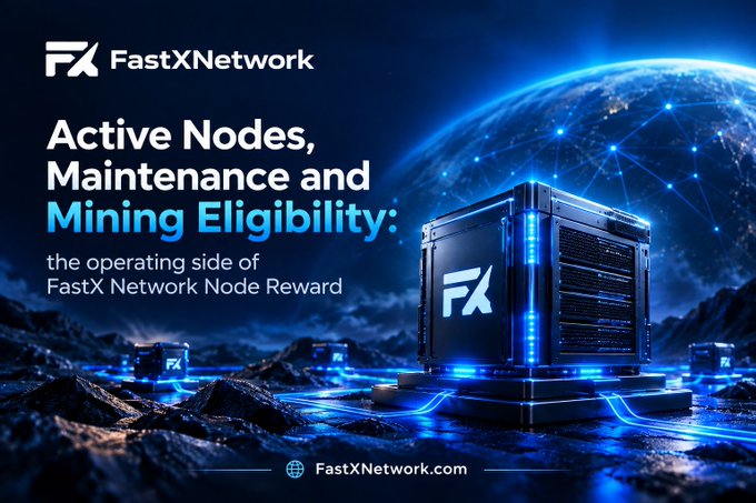 A promotional graphic for FastXNetwork featuring a glowing server rack with the 'FX' logo, titled 'Active Nodes, Maintenance and Mining Eligibility: the operating side of FastX Network Node Reward' against a dark blue technological background.