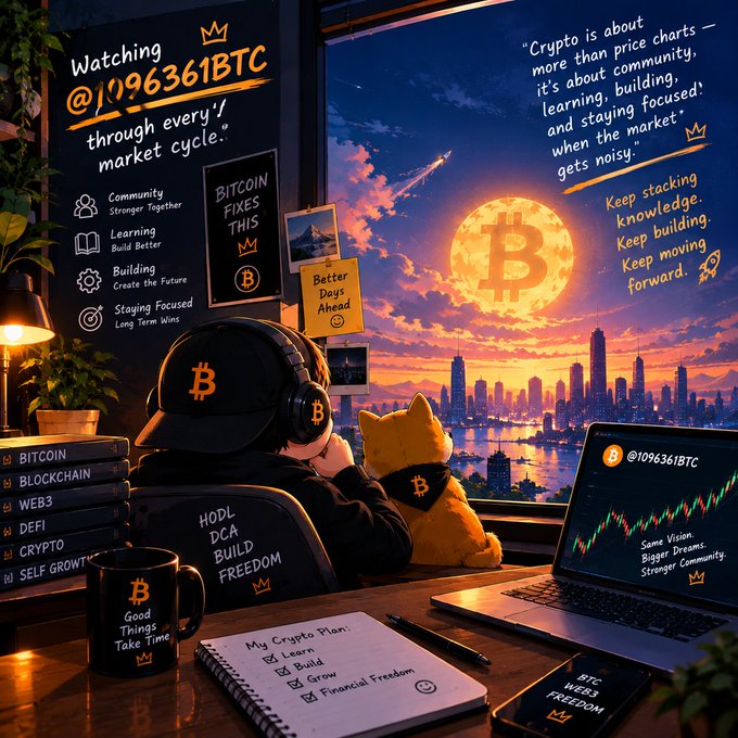 An illustrated scene of a person wearing a Bitcoin cap and headphones working at a desk with a laptop showing a crypto chart, accompanied by a cat, with motivational crypto-themed text including 'Watching @1096361BTC through every market cycle' and 'Crypto is about more than price charts.'