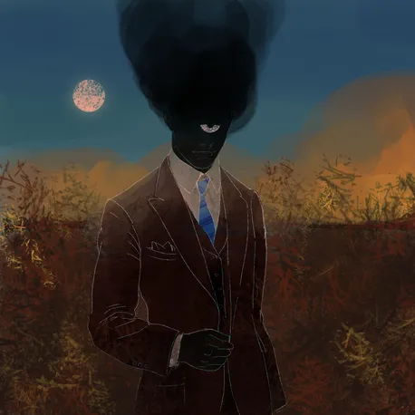 A surreal illustration features a dark, silhouetted figure in a brown suit and blue tie standing in a barren landscape under a moonlit sky.