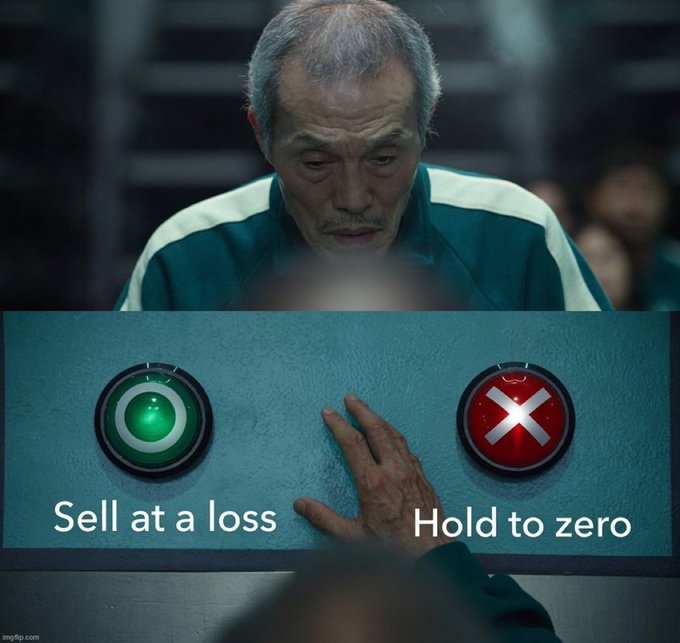 The image shows an older man from Squid Game hesitating between two buttons labeled "Sell at a loss" (green) and "Hold to zero" (red X), humorously illustrating the dilemma faced by XRP holders who must decide whether to cut their losses or hold onto a token that may crash to nothing.
