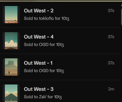 A marketplace listing screen, likely from an NFT platform, showing multiple 'Out West' series items (1-4) that have been sold, with prices listed in units like 10₮ and sellers such as tokioflo, OGD, and ZaV.