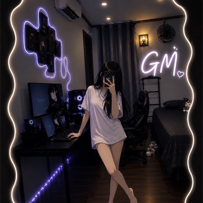 Anime-style illustration of a girl in an oversized white t-shirt taking a mirror selfie in a dark room decorated with purple neon lights, a 'GM' neon sign, and a gaming PC setup.