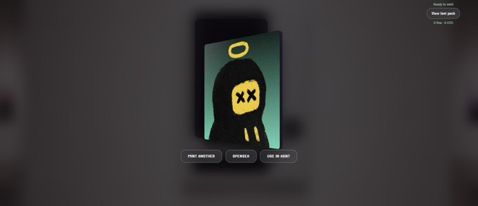 A digital trading card or NFT of a hooded figure with X eyes and a halo, displayed against a dark background with options to 'PRINT ANOTHER', 'OPENSEA', and 'USE IN AGENT'.