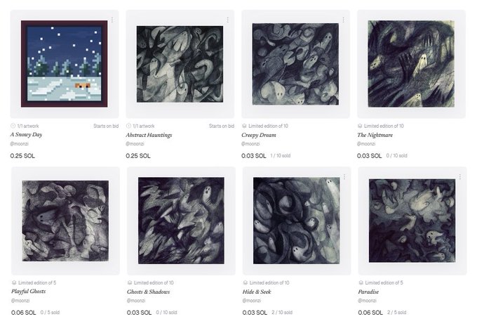 A gallery of eight NFT artworks displayed in a grid, including pixel art 'A Snowy Day' and various dark, abstract pieces titled 'Abstract Haunting,' 'Creepy Dream,' 'The Nightmare,' 'Playful Ghosts,' 'Ghosts & Shadows,' 'Hide & Seek,' and 'Paradise,' priced in SOL with edition limits and sales counts.