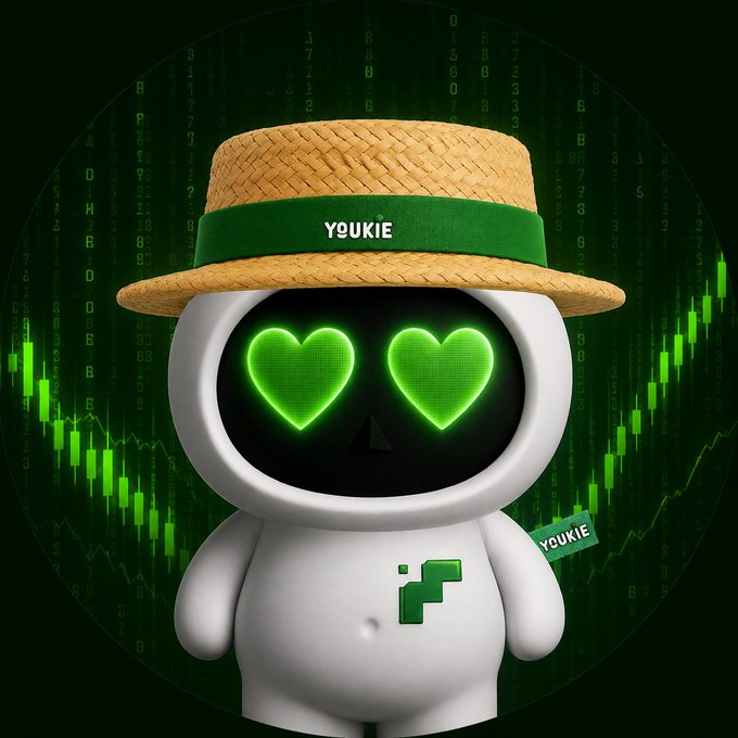A 3D-rendered character with a white, round head, glowing green heart-shaped eyes, and a straw hat with a green band reading 'YOUKIE', set against a green digital market background with candlestick charts.